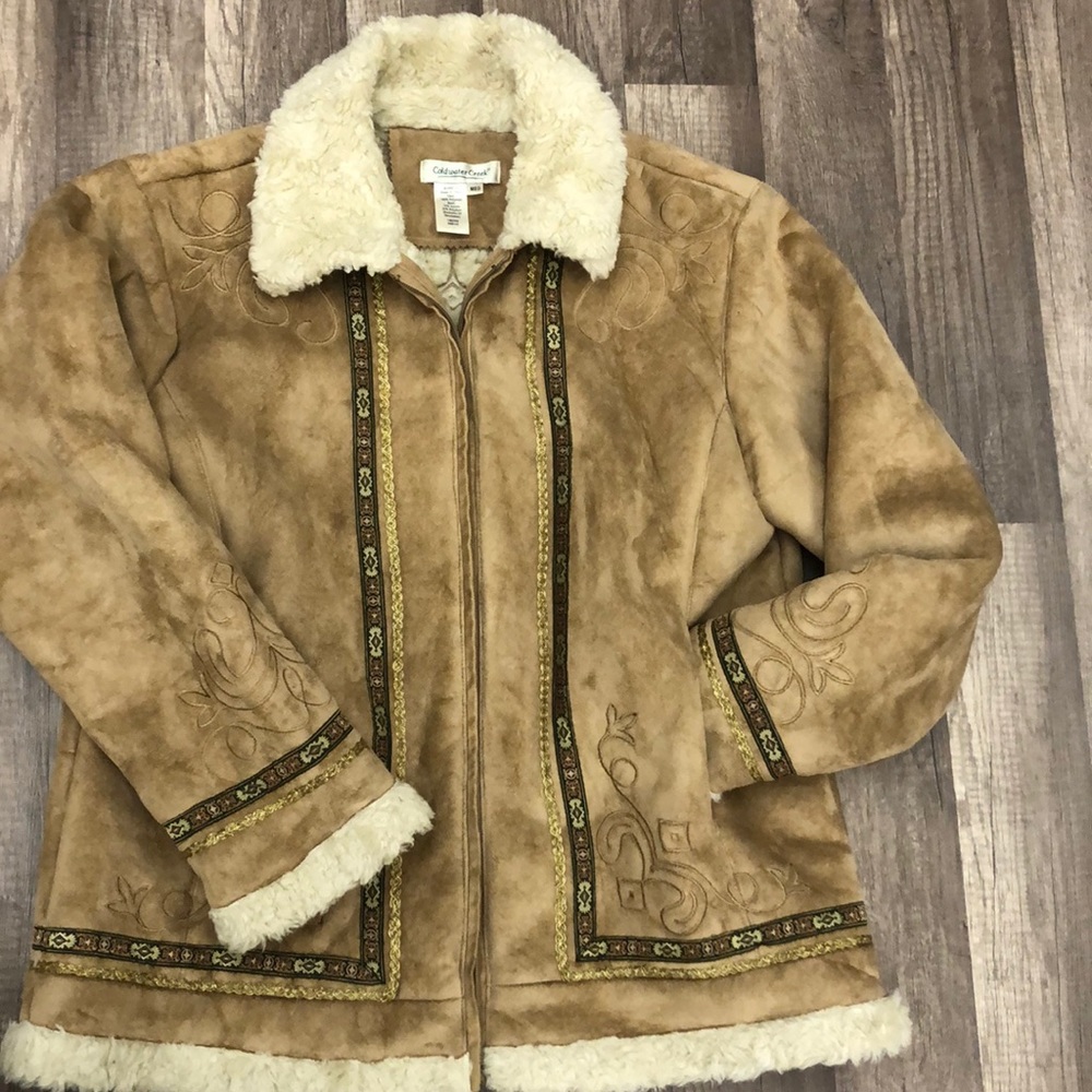 Coldwater Creek Faux Sheepskin Embroidered Coat